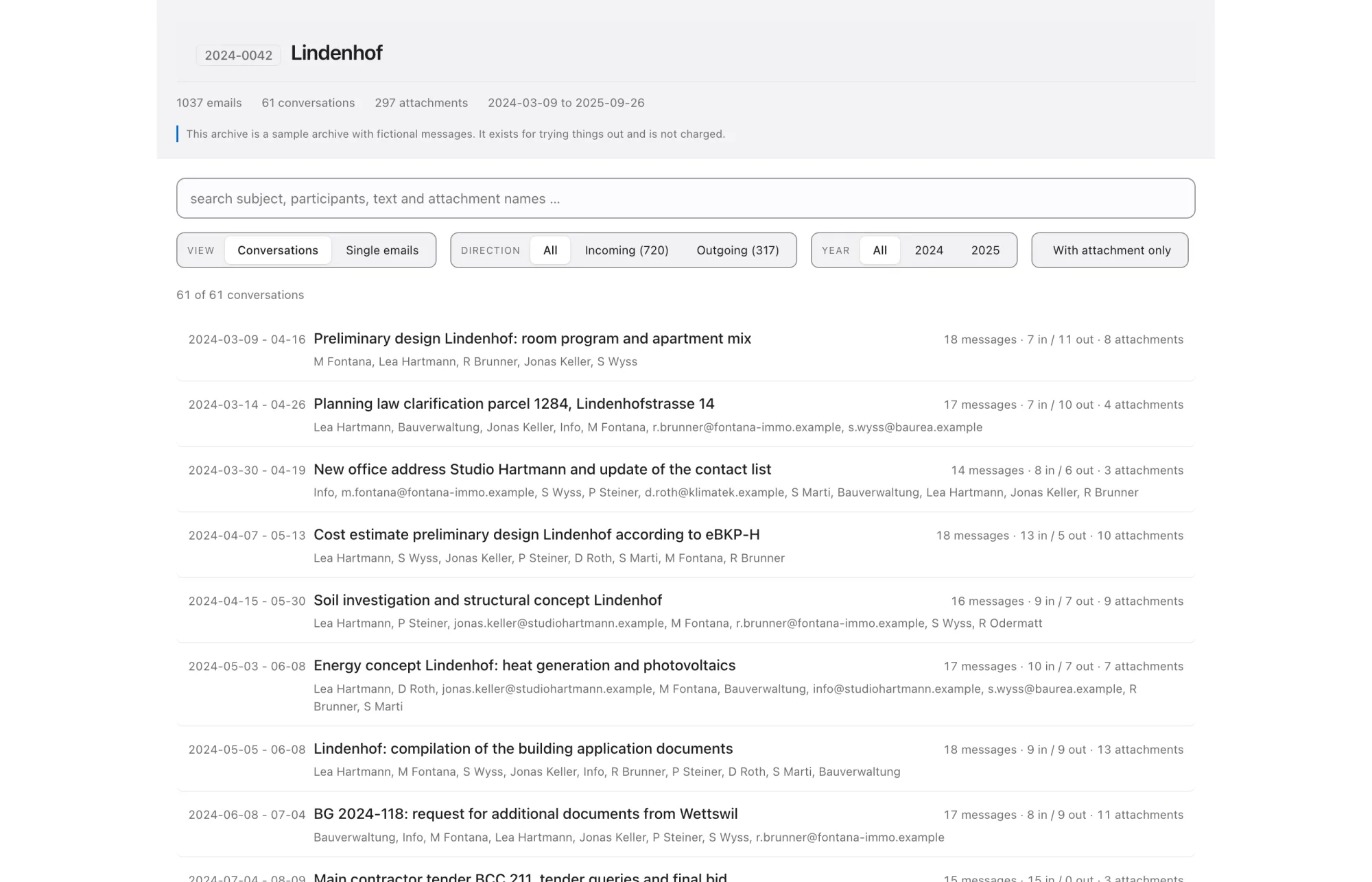 The overview page of a Filum archive: project number and name, then search, filters for incoming and outgoing, year and attachment, and the list of conversations with participants and counts.